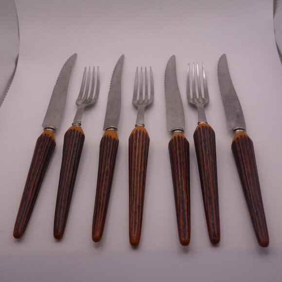Three(3) Faux Bone Handle Forks and Four(4) Faux Bone Handle Steak Knives - Picture 1 of 16